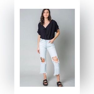 Free People Cleo Black Wrap Tie Front Short Ruffle Sleeve Bodysuit S NWT